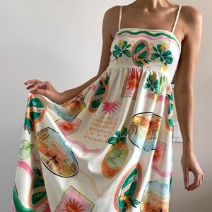 SHEIN | Cream & Multicolor Tropical Printed Boho Maxi Shiny Slip Dress | Size S